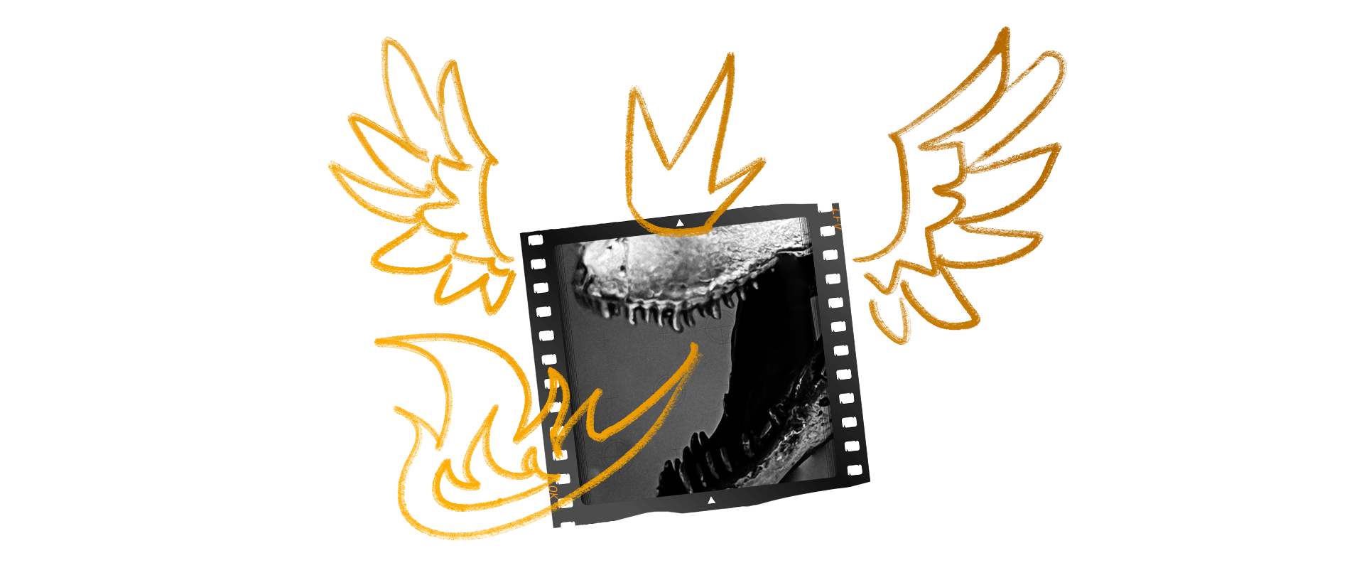 An image of a slice of film depicting a Tyrannosaurus skull.